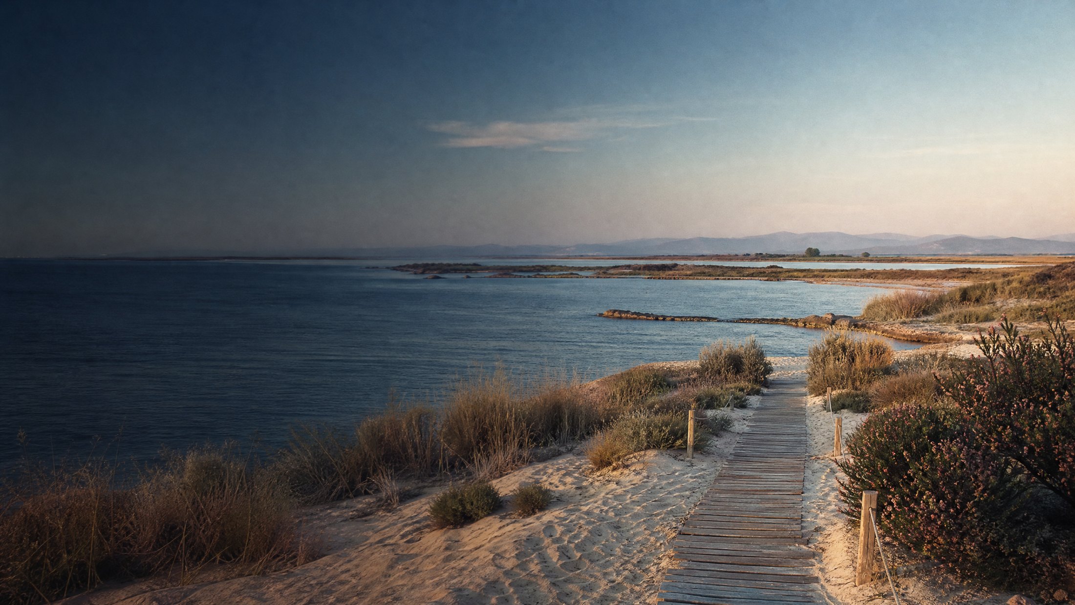 Playa y pasarela de El Moj&oacute;n al amanecer
